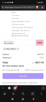 WELCOME10 coupon verification screenshot