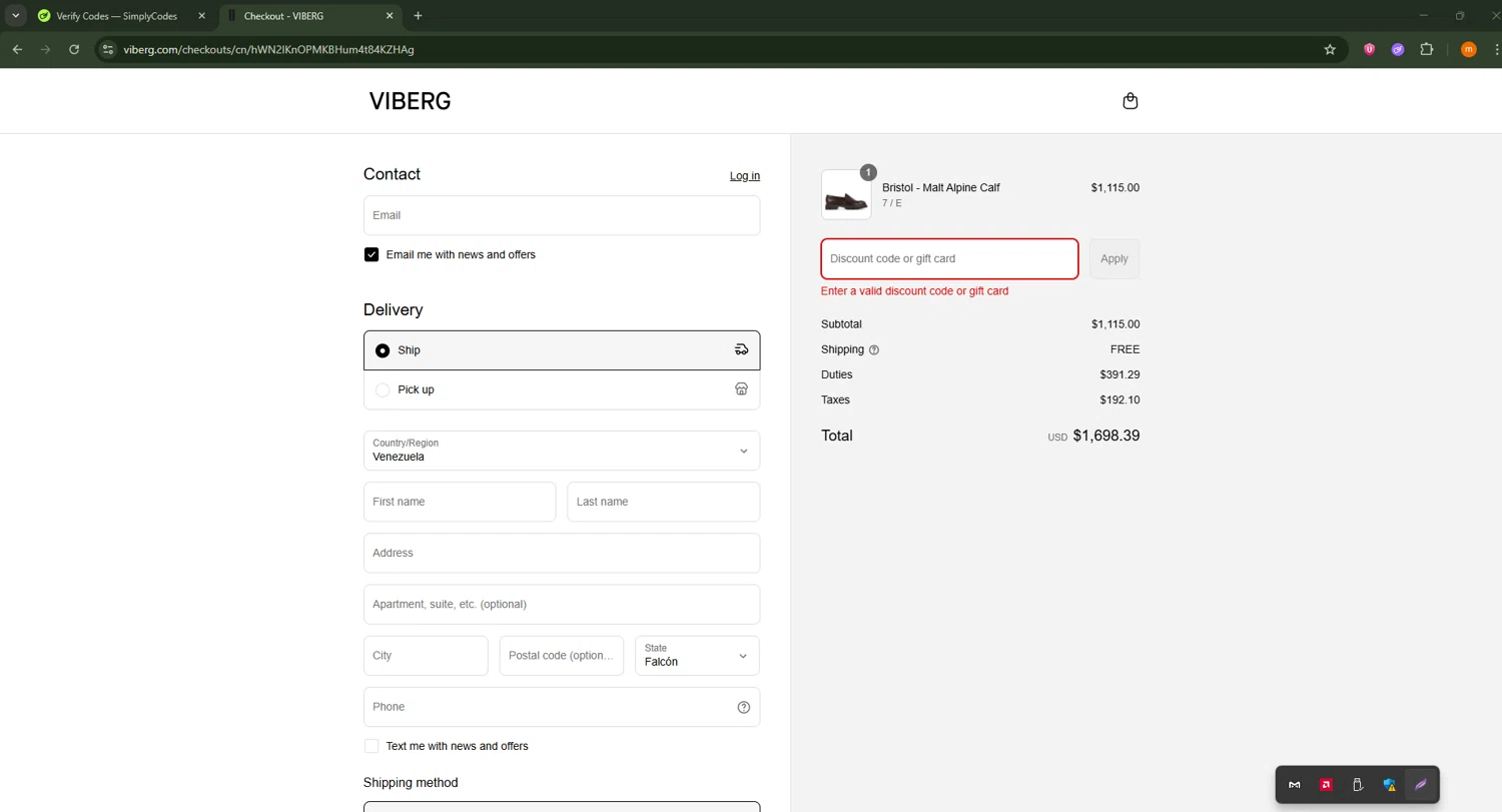 Viberg discount code screenshot showing code AW25 applied at Viberg checkout page. Uploaded by SimplyCodes community member Davoxeneixe on Aug 27, 2025