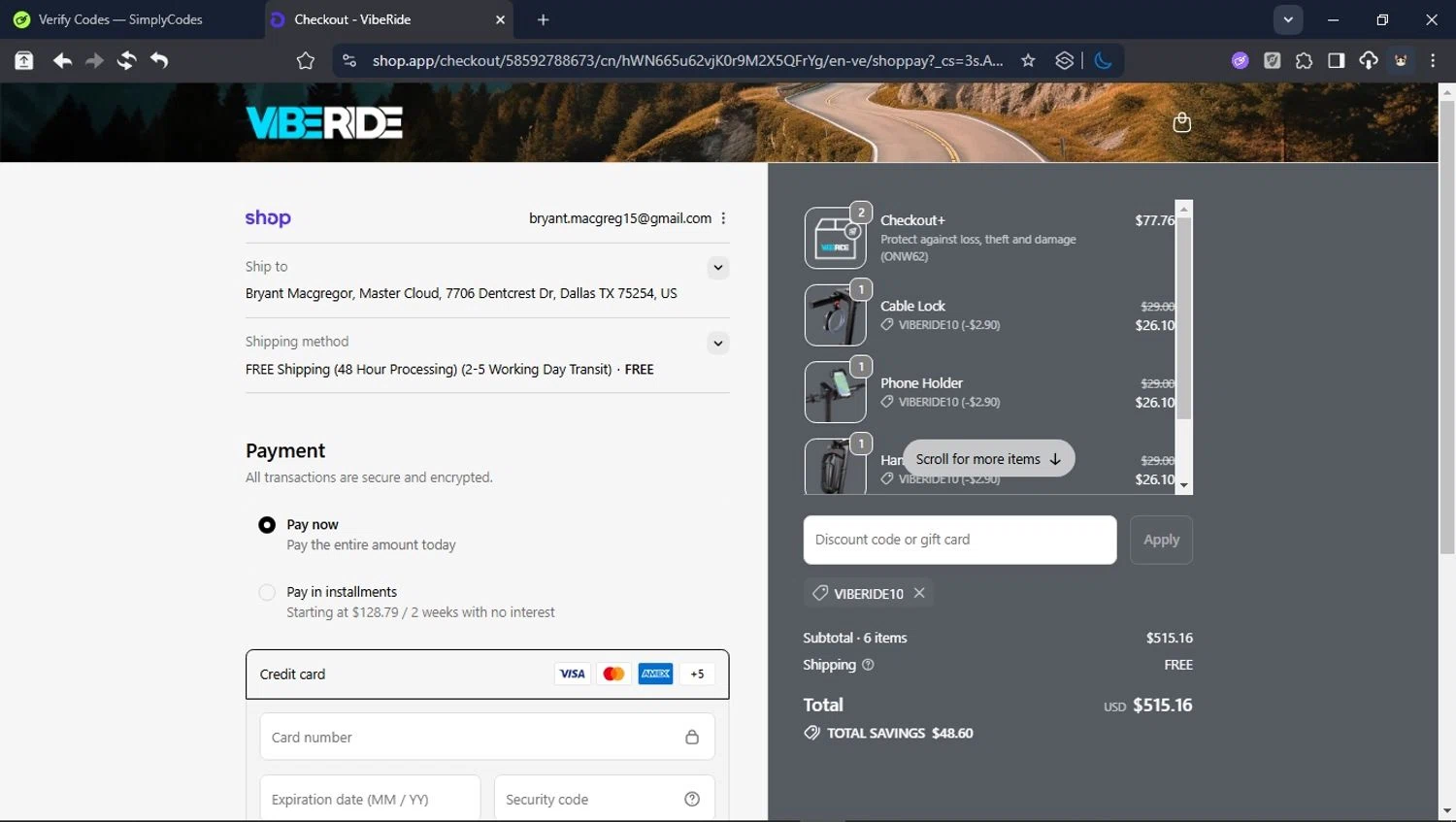 VibeRide discount code screenshot showing code VIBERIDE10 applied at VibeRide checkout page. Uploaded by SimplyCodes community member ValiantHunter5929 on Dec 5, 2025