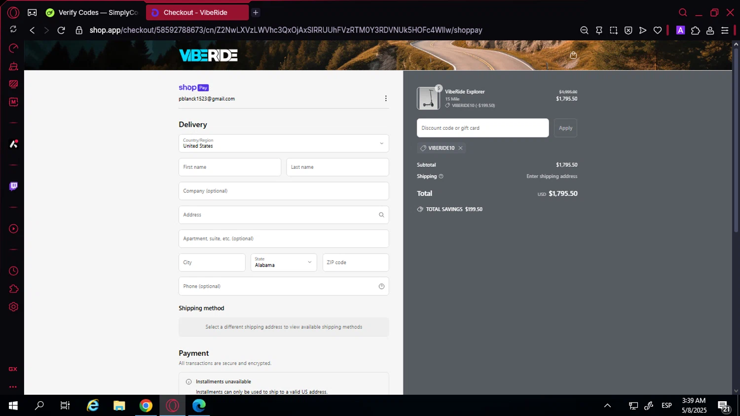VibeRide discount code screenshot showing code VIBERIDE10 applied at VibeRide checkout page. Uploaded by SimplyCodes community member YunoMaria on May 8, 2025