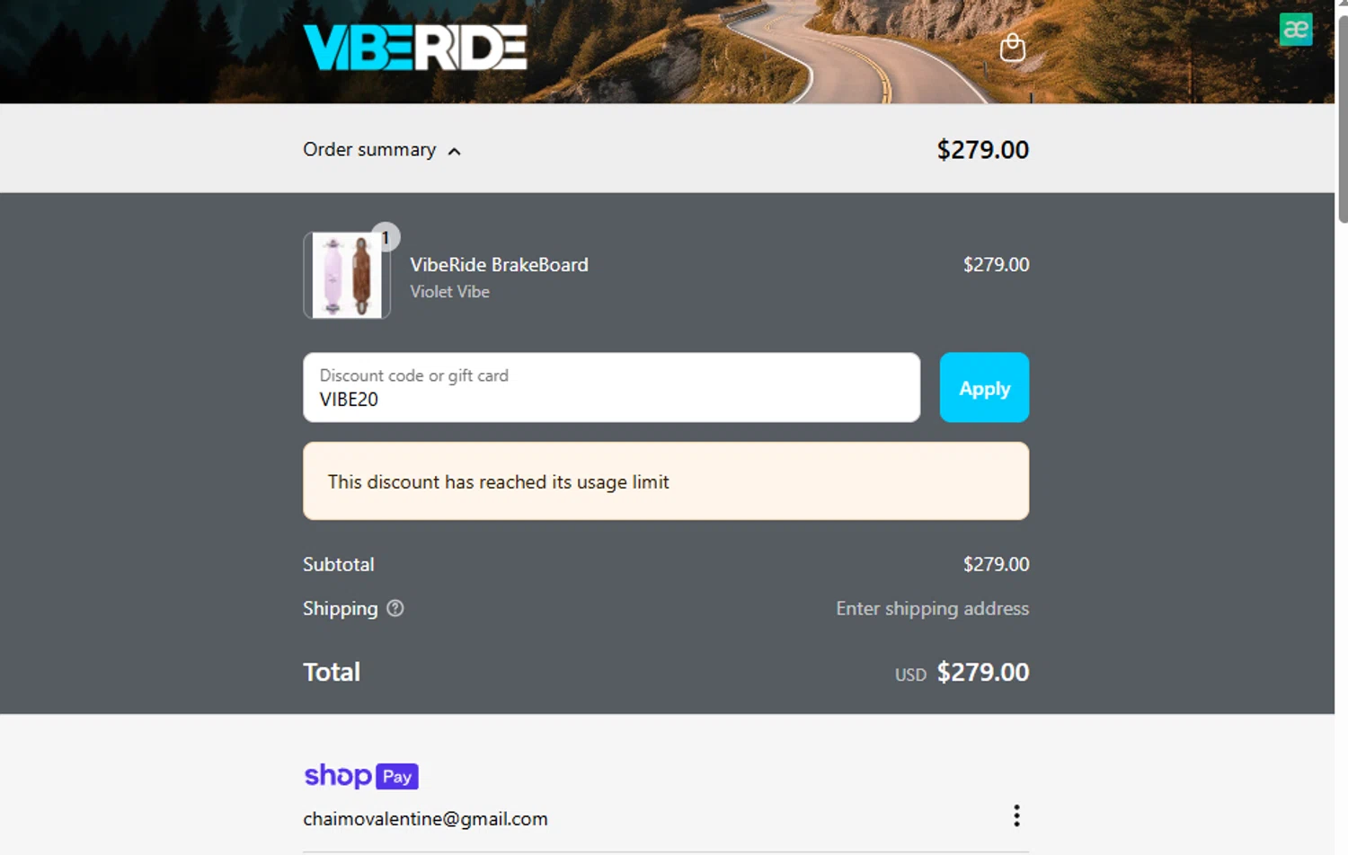VibeRide discount code screenshot showing code VIBE20 applied at VibeRide checkout page. Uploaded by SimplyCodes community member FrugalHunter3134 on Jun 5, 2025