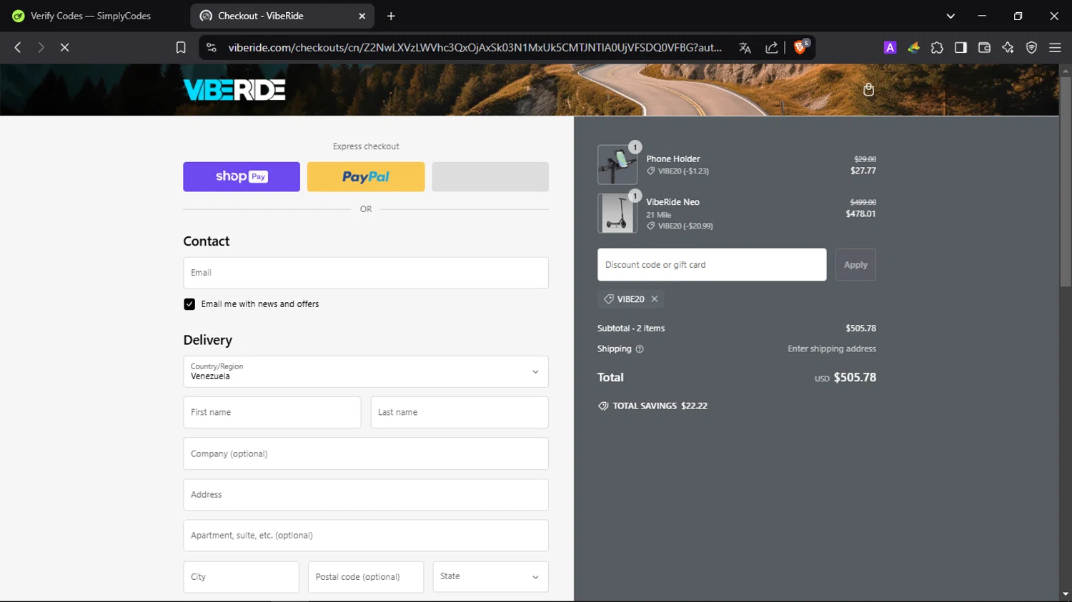 VibeRide discount code screenshot showing code VIBE20 applied at VibeRide checkout page. Uploaded by SimplyCodes community member SmartScholar9589 on Feb 16, 2025