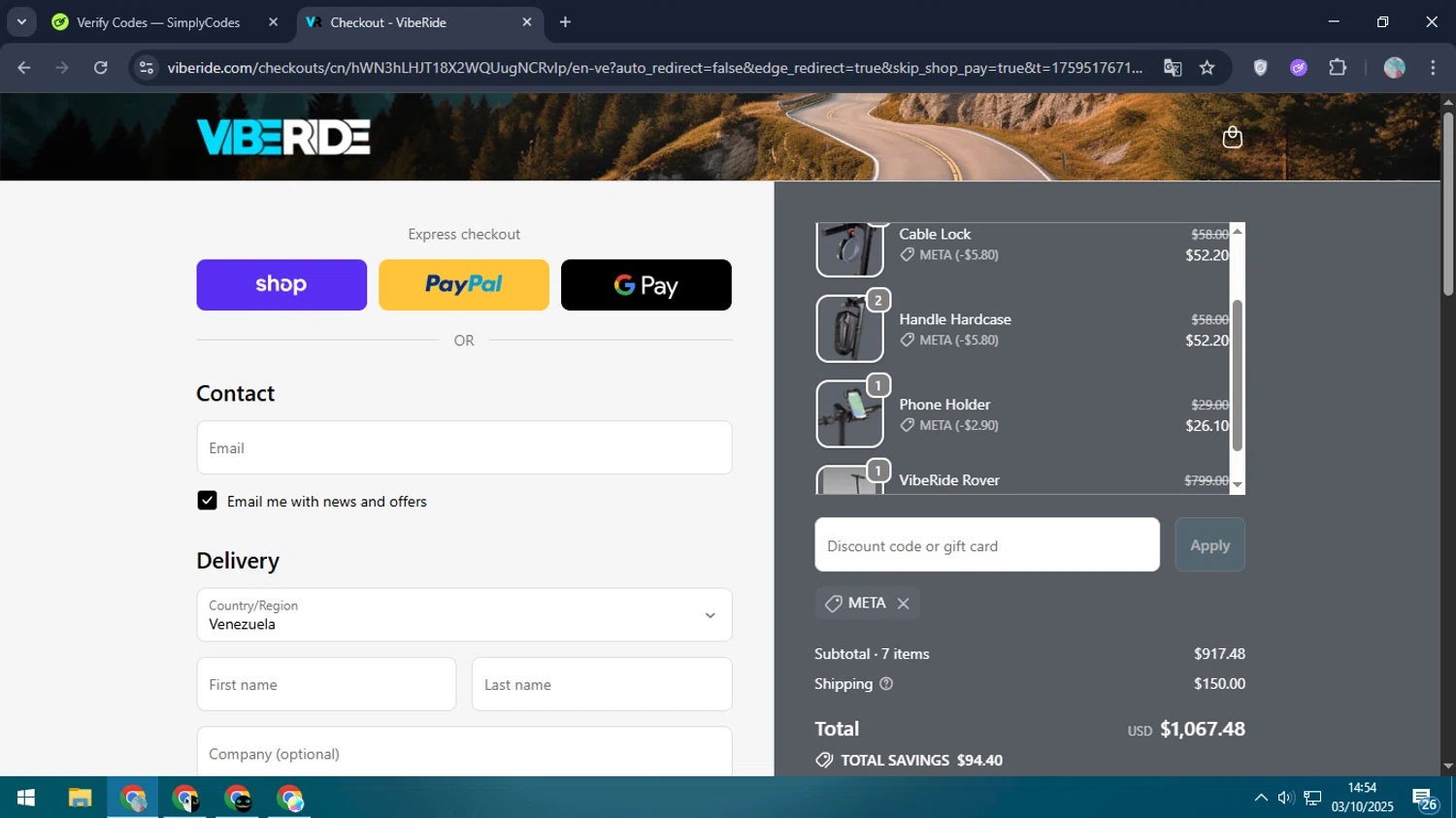 VibeRide discount code screenshot showing code META applied at VibeRide checkout page. Uploaded by SimplyCodes community member LegendaryPro7106 on Oct 3, 2025