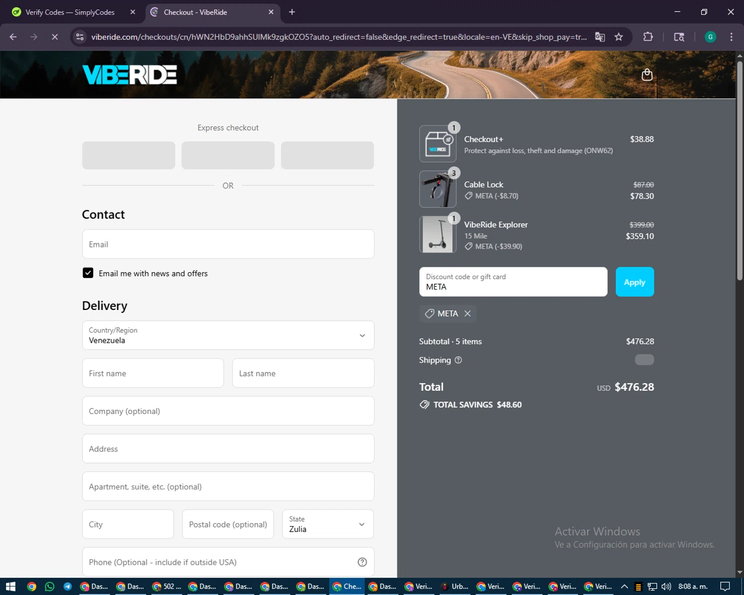 VibeRide discount code screenshot showing code META applied at VibeRide checkout page. Uploaded by SimplyCodes community member PennyFinder5759 on Aug 27, 2025