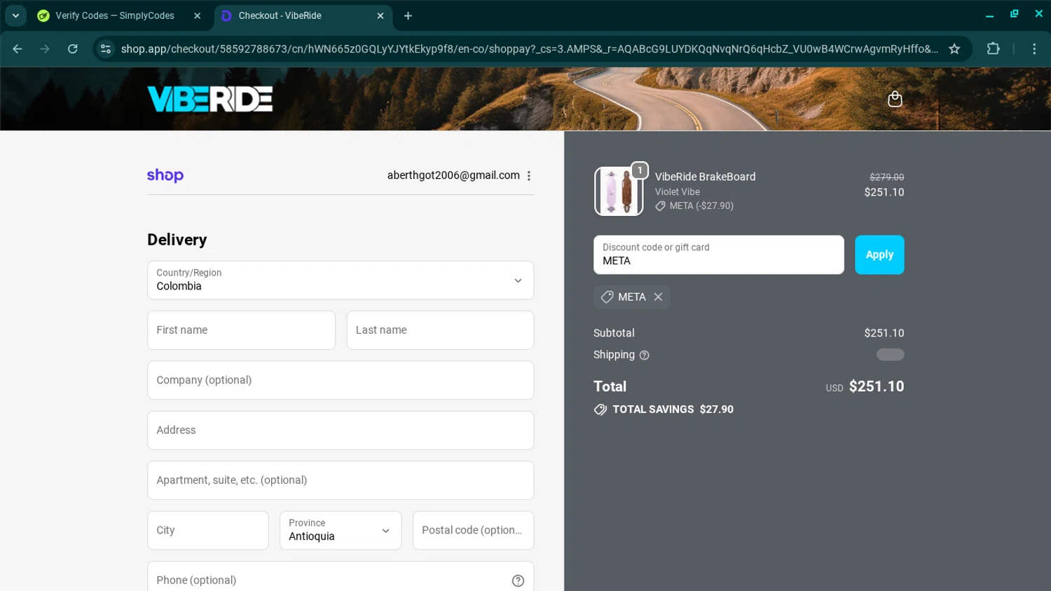VibeRide discount code screenshot showing code META applied at VibeRide checkout page. Uploaded by SimplyCodes community member SwiftSage2309 on Dec 5, 2025
