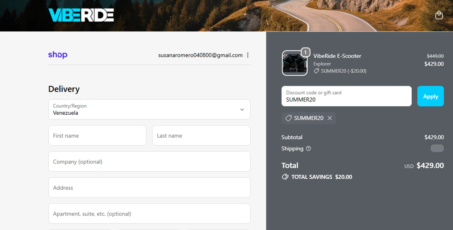 VibeRide discount code screenshot showing code SUMMER20 applied at VibeRide checkout page. Uploaded by SimplyCodes community member joanromero on Dec 5, 2025