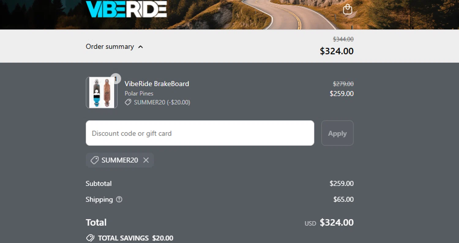 VibeRide discount code screenshot showing code SUMMER20 applied at VibeRide checkout page. Uploaded by SimplyCodes community member ashe1986 on Aug 27, 2025
