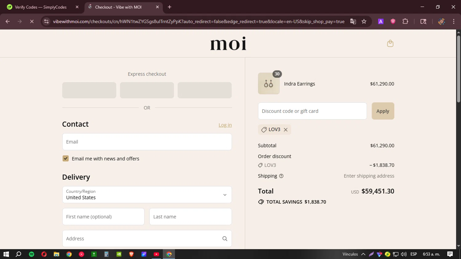 Vibe with MOI promo code screenshot showing code LOV3 applied at Vibe with MOI checkout page. Uploaded by SimplyCodes community member BudgetHunter9184 on Aug 17, 2025