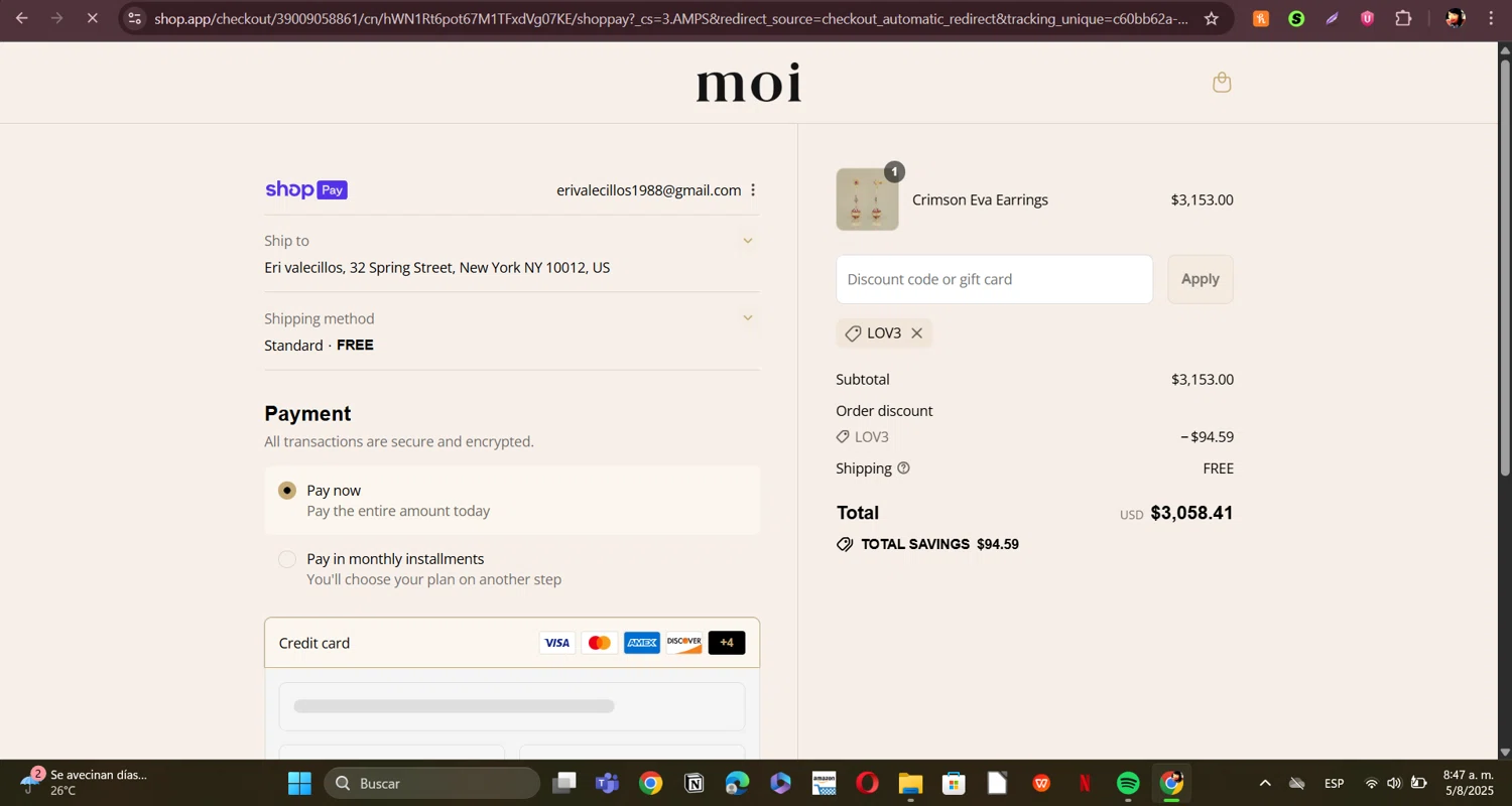Vibe with MOI promo code screenshot showing code LOV3 applied at Vibe with MOI checkout page. Uploaded by SimplyCodes community member ERI0810 on Aug 5, 2025