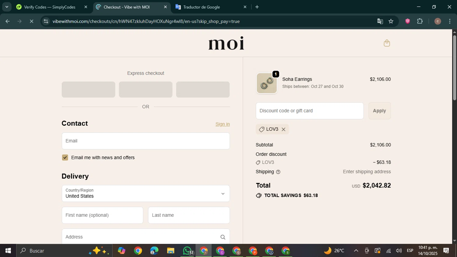 Vibe with MOI promo code screenshot showing code LOV3 applied at Vibe with MOI checkout page. Uploaded by SimplyCodes community member NobleExpert6497 on Oct 15, 2025