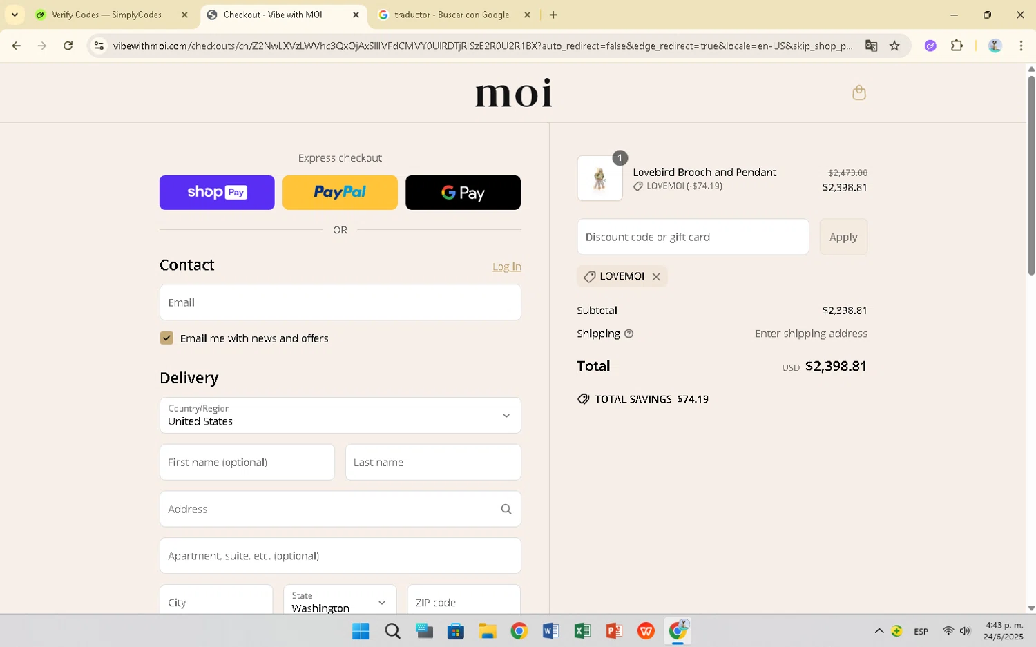 Vibe with MOI promo code screenshot showing code LOVEMOI applied at Vibe with MOI checkout page. Uploaded by SimplyCodes community member RewardVoyager7796 on Jun 24, 2025
