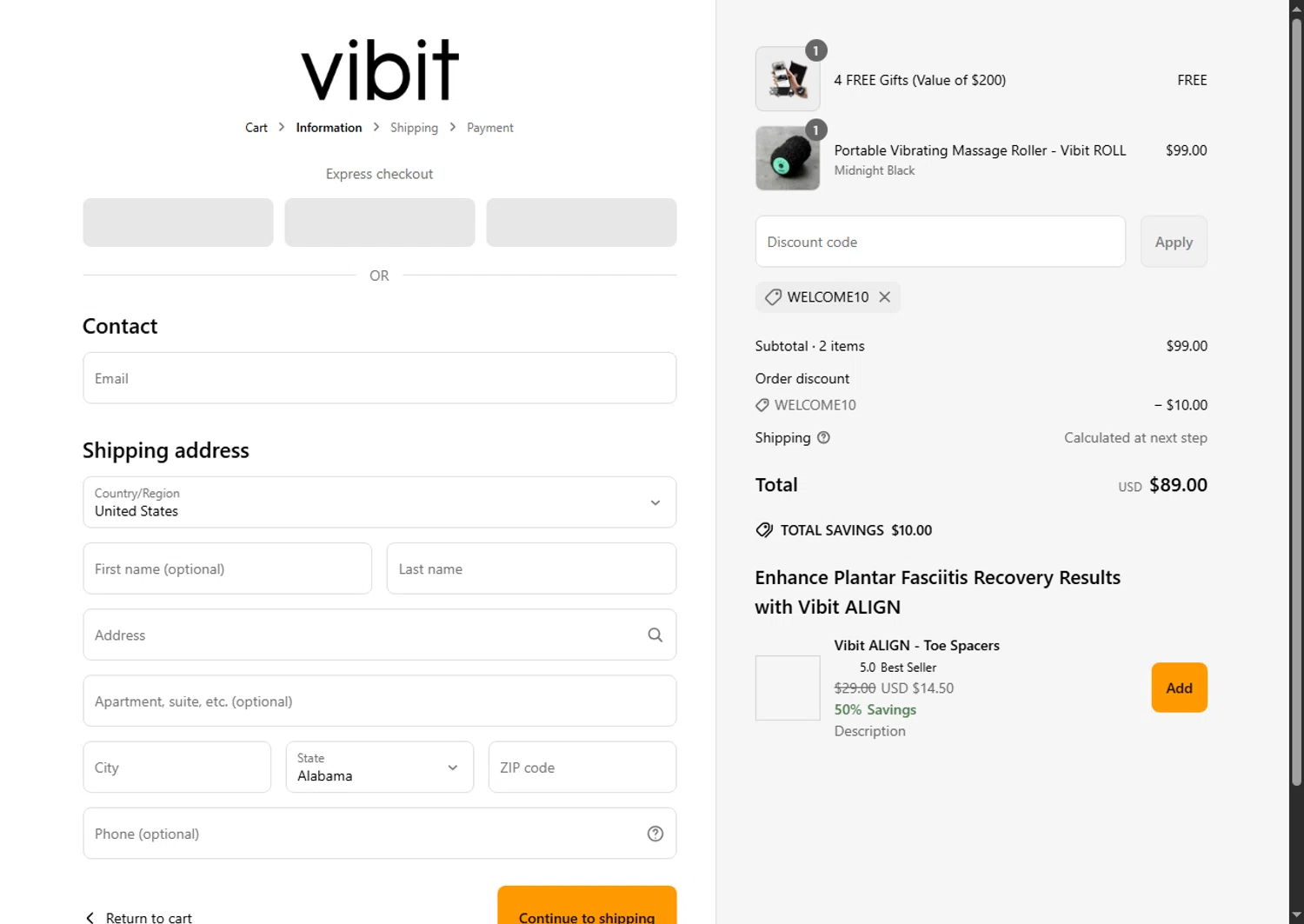 Vibit US promo code screenshot showing code WELCOME10 applied at Vibit US checkout page. Uploaded by SimplyCodes community member Beaaalmera on Jun 22, 2025