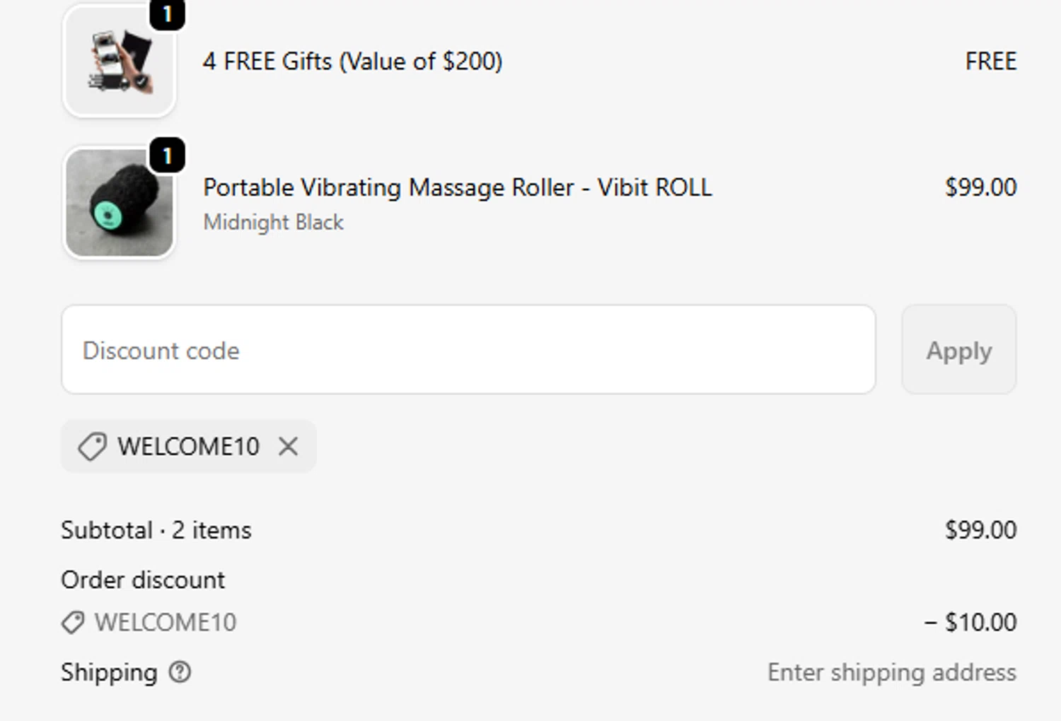 Vibit US promo code screenshot showing code WELCOME10 applied at Vibit US checkout page. Uploaded by SimplyCodes community member Renery17 on Oct 4, 2025