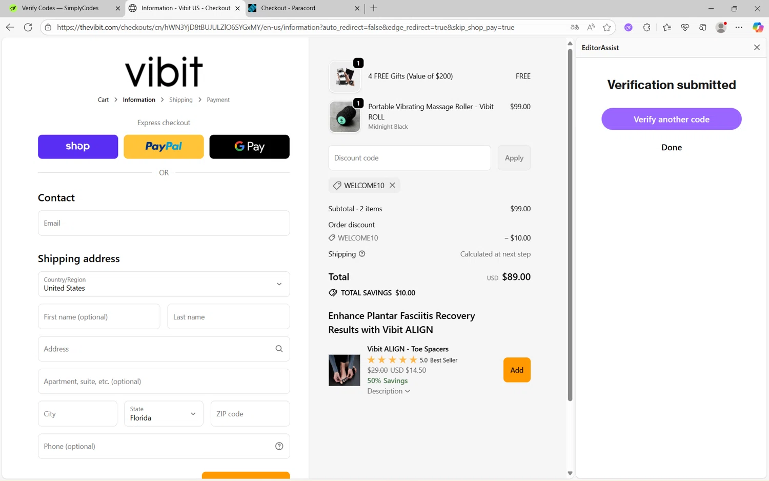 Vibit US promo code screenshot showing code WELCOME10 applied at Vibit US checkout page. Uploaded by SimplyCodes community member juanx1702 on Sep 30, 2025