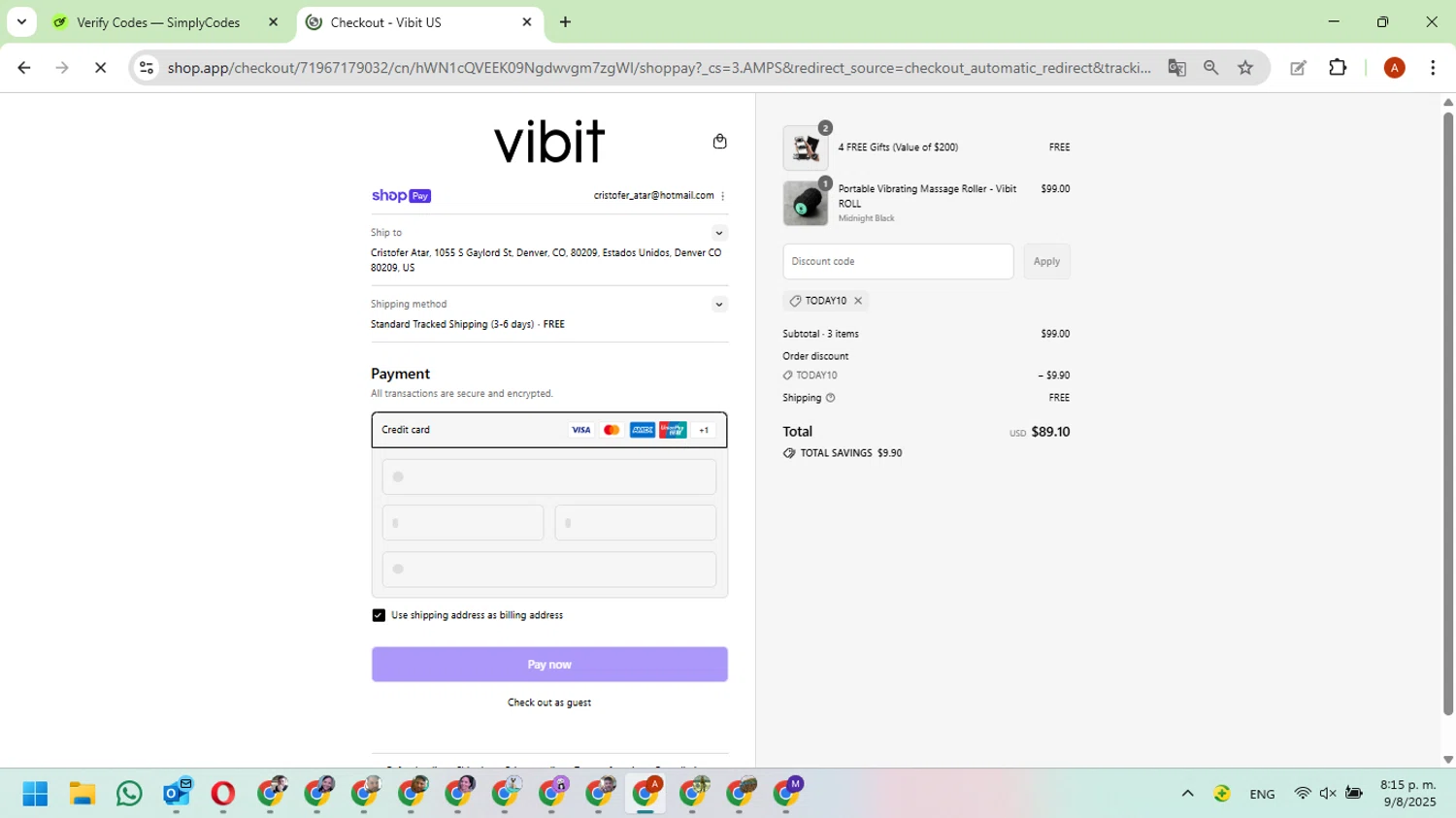 Vibit US promo code screenshot showing code TODAY10 applied at Vibit US checkout page. Uploaded by SimplyCodes community member FundoKadmiel on Aug 10, 2025