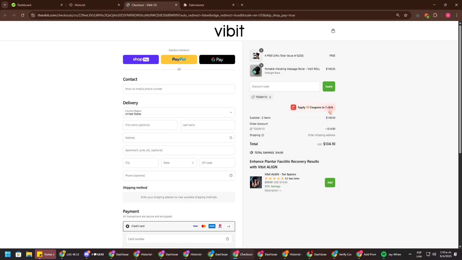 Vibit US promo code screenshot showing code TODAY10 applied at Vibit US checkout page. Uploaded by SimplyCodes community member CouponSage7331 on Apr 9, 2025