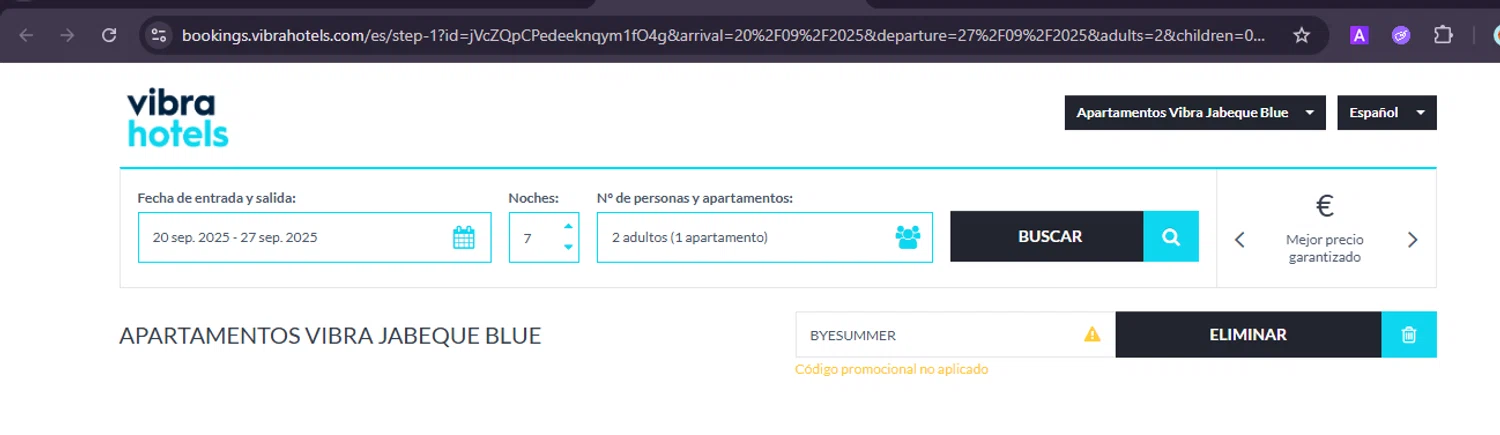 Vibra Hotels promo code screenshot showing code BYESUMMER applied at Vibra Hotels checkout page. Uploaded by SimplyCodes community member NobleDefender3673 on Sep 19, 2025