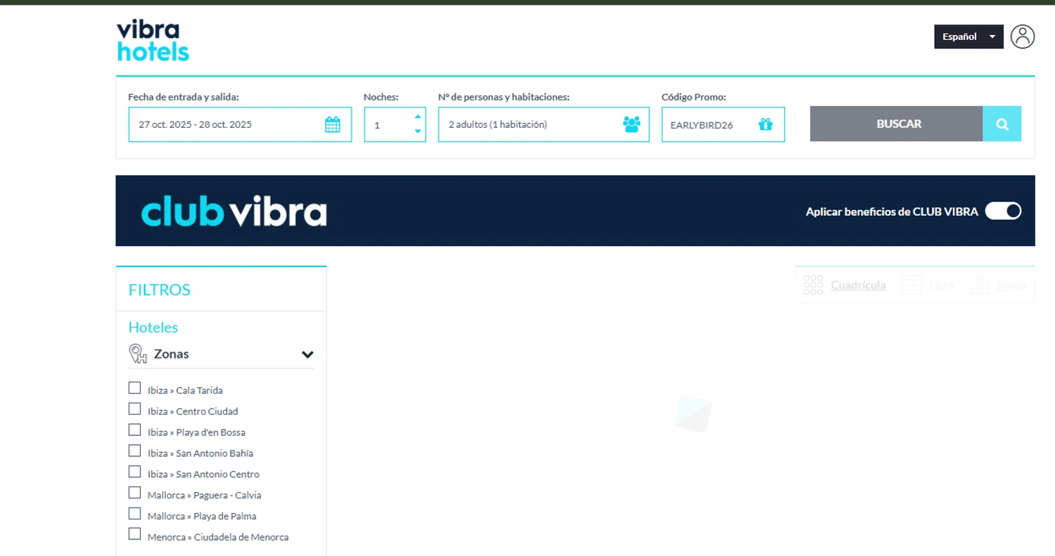 Vibra Hotels promo code screenshot showing code EARLYBIRD26 applied at Vibra Hotels checkout page. Uploaded by SimplyCodes community member ExtraordinarySeeker9807 on Oct 27, 2025