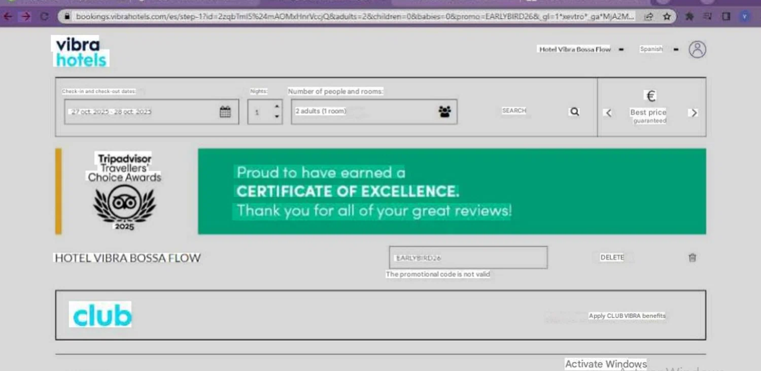 Vibra Hotels promo code screenshot showing code EARLYBIRD26 applied at Vibra Hotels checkout page. Uploaded by SimplyCodes community member beatrizcastillo on Oct 27, 2025