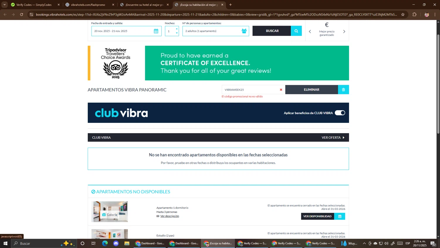 Vibra Hotels promo code screenshot showing code VIBRAWEEK25 applied at Vibra Hotels checkout page. Uploaded by SimplyCodes community member El_mynor on Nov 20, 2025