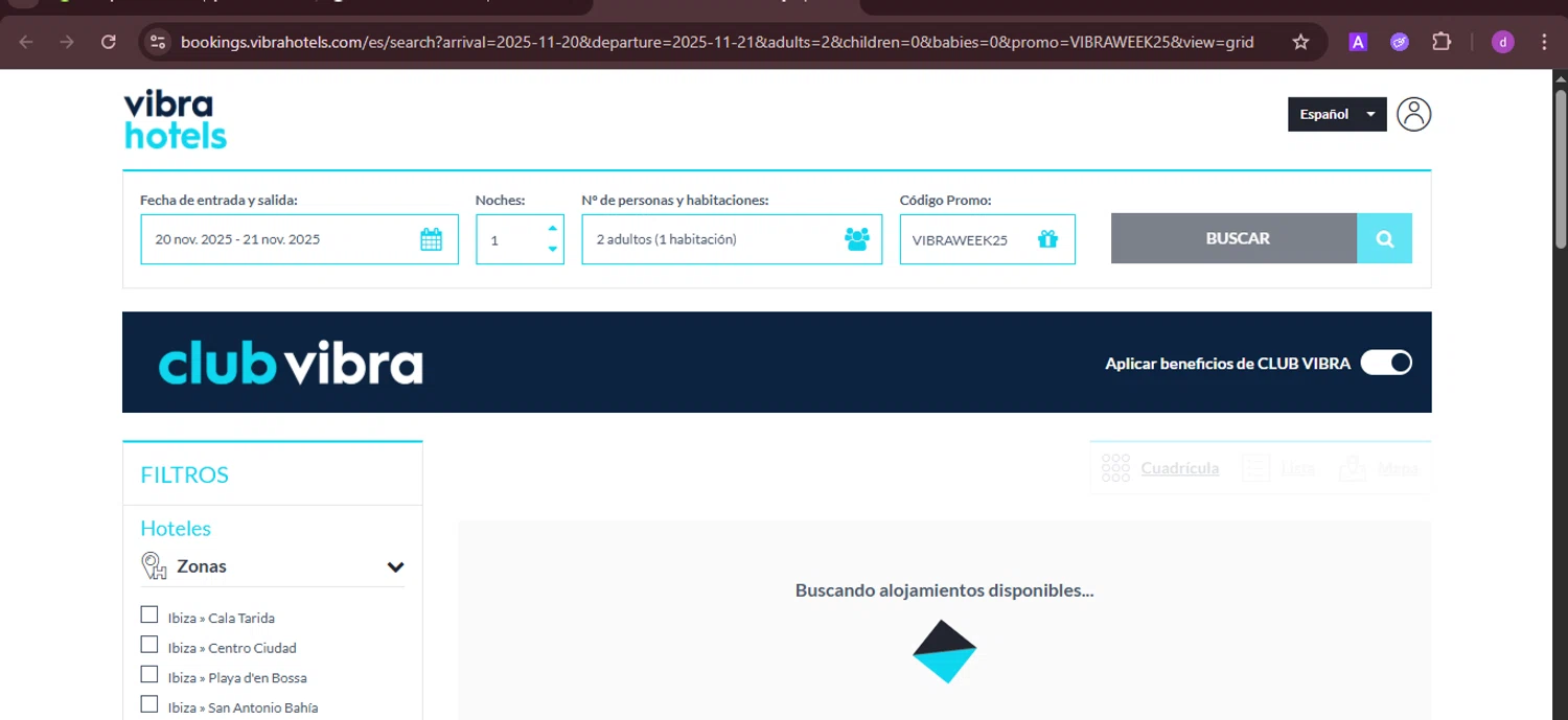 Vibra Hotels promo code screenshot showing code VIBRAWEEK25 applied at Vibra Hotels checkout page. Uploaded by SimplyCodes community member PennyTiger4891 on Nov 20, 2025