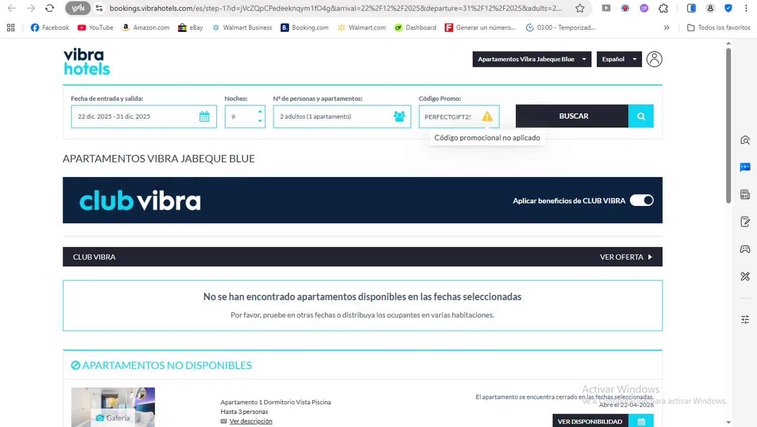 Vibra Hotels promo code screenshot showing code PERFECTGIFT25 applied at Vibra Hotels checkout page. Uploaded by SimplyCodes community member FrancyB on Dec 19, 2025