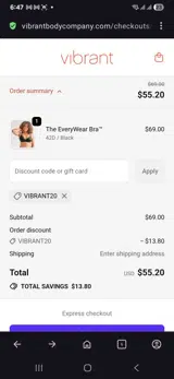 VIBRANT20 coupon verification screenshot