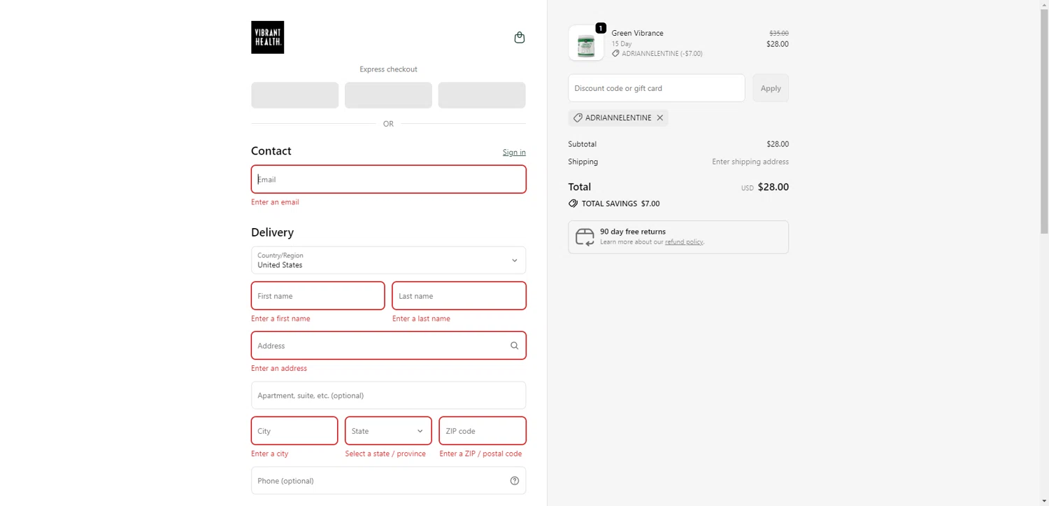 Vibrant Health discount code screenshot showing code ADRIANNELENTINE applied at Vibrant Health checkout page. Uploaded by SimplyCodes community member ThriftyPhoenix5129 on Sep 25, 2025