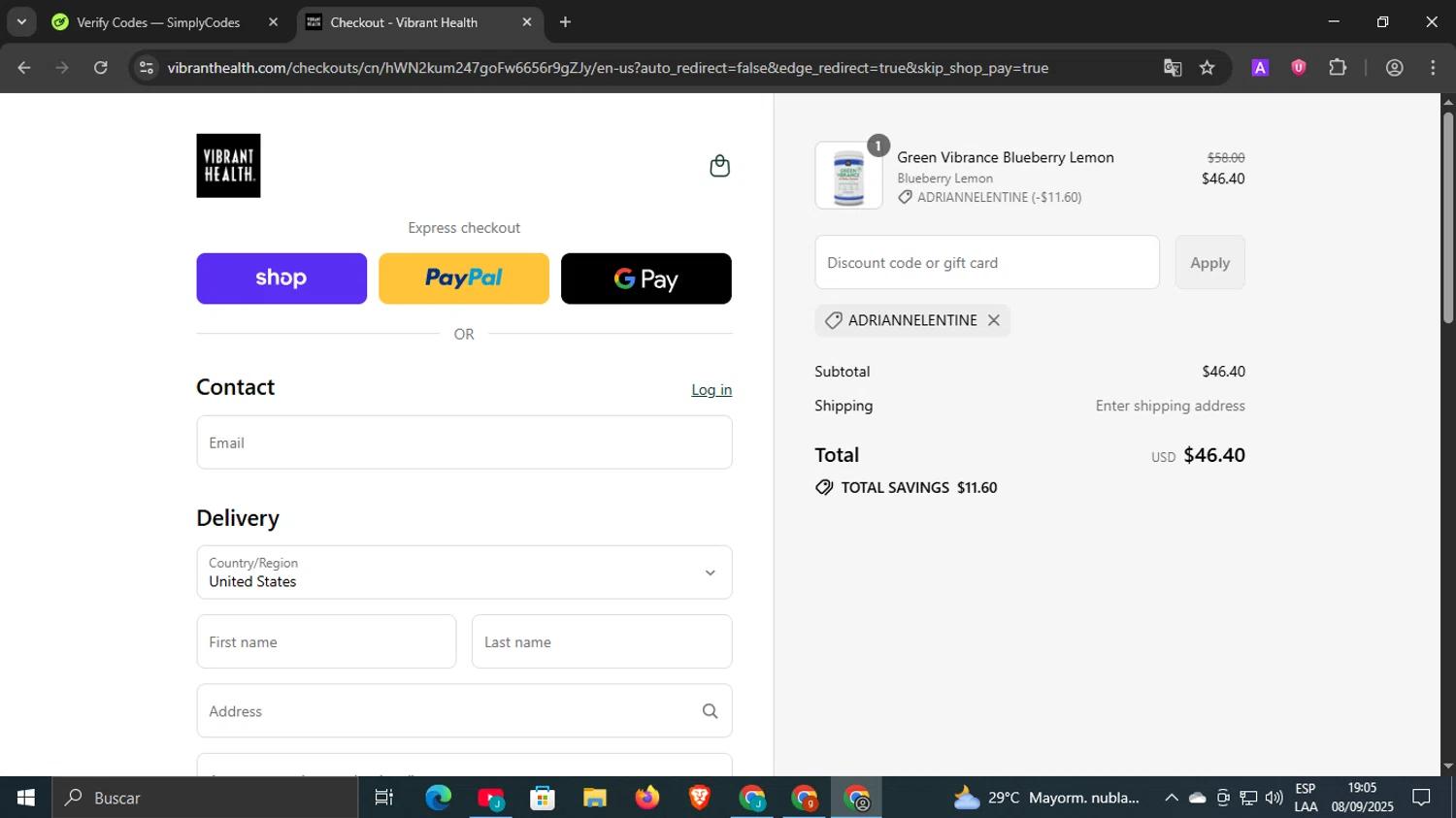 Vibrant Health discount code screenshot showing code ADRIANNELENTINE applied at Vibrant Health checkout page. Uploaded by SimplyCodes community member underwater on Sep 8, 2025