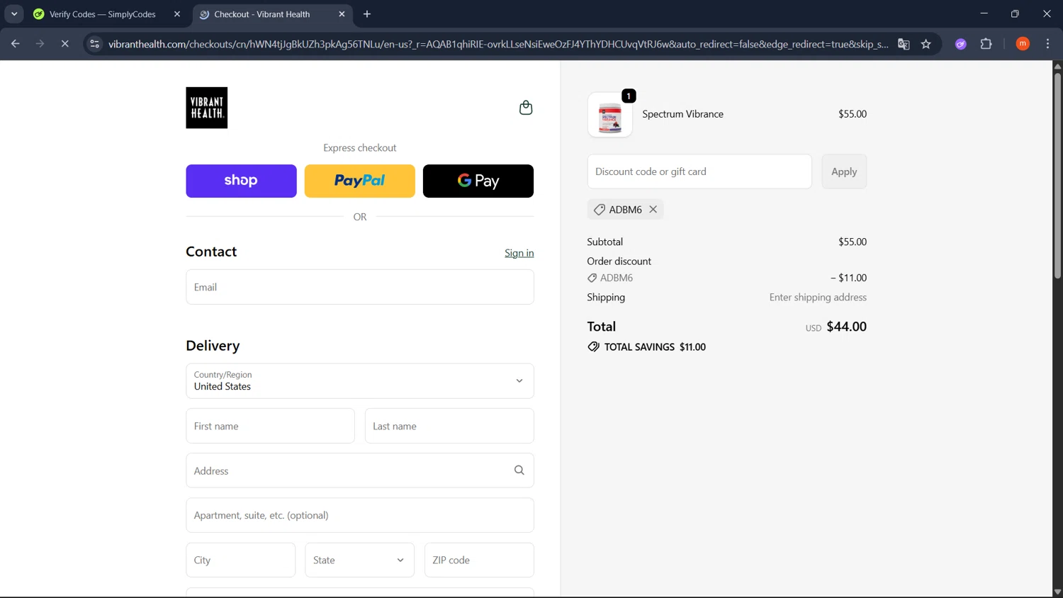 Vibrant Health discount code screenshot showing code ADBM6 applied at Vibrant Health checkout page. Uploaded by SimplyCodes community member PromoMonarch895 on Nov 4, 2025