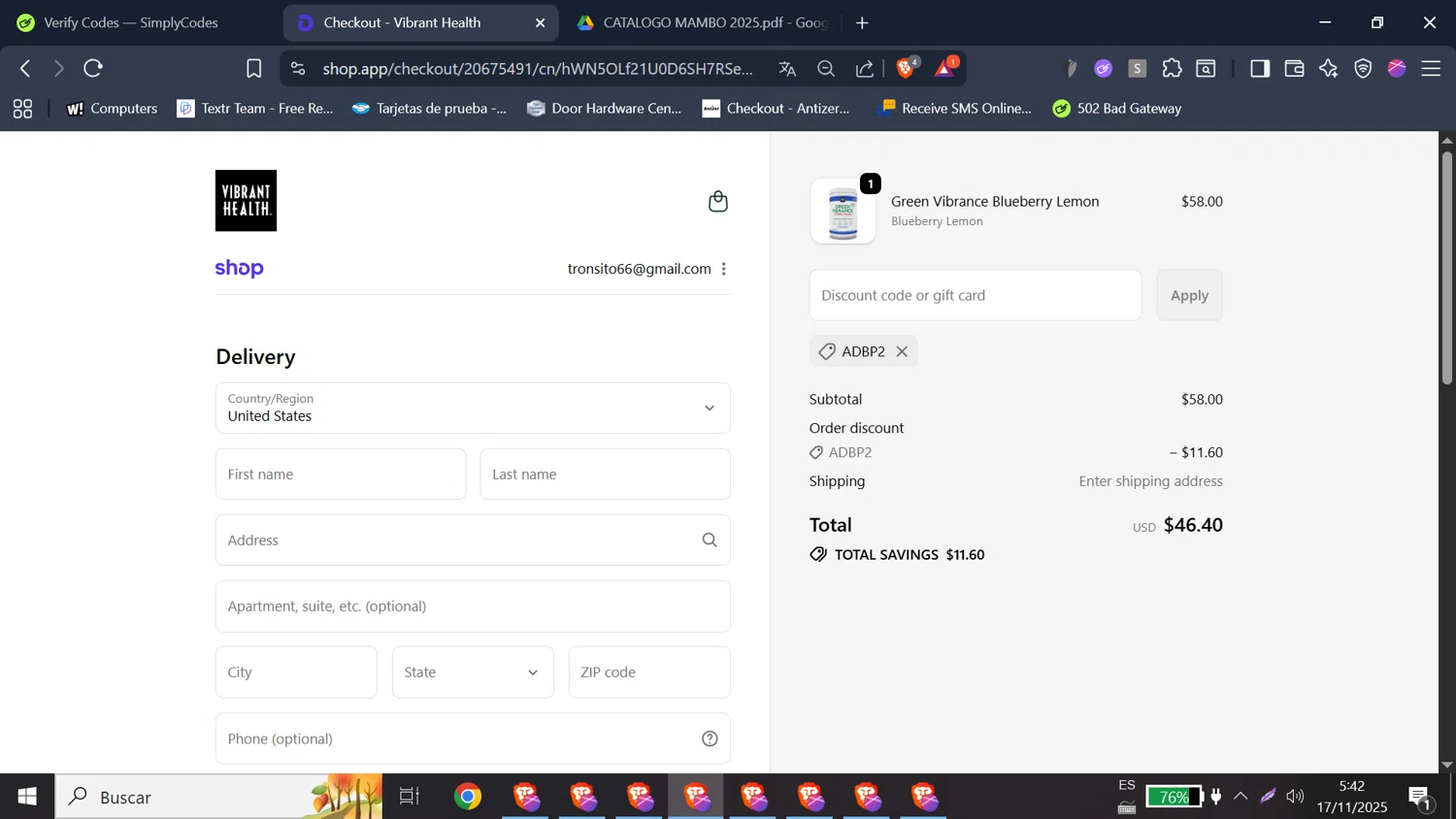 Vibrant Health discount code screenshot showing code ADBP2 applied at Vibrant Health checkout page. Uploaded by SimplyCodes community member doriangel3 on Nov 17, 2025