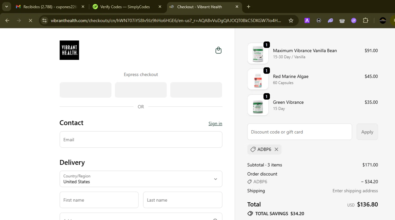 Vibrant Health discount code screenshot showing code ADBP6 applied at Vibrant Health checkout page. Uploaded by SimplyCodes community member SilverMonarch6357 on Dec 29, 2025