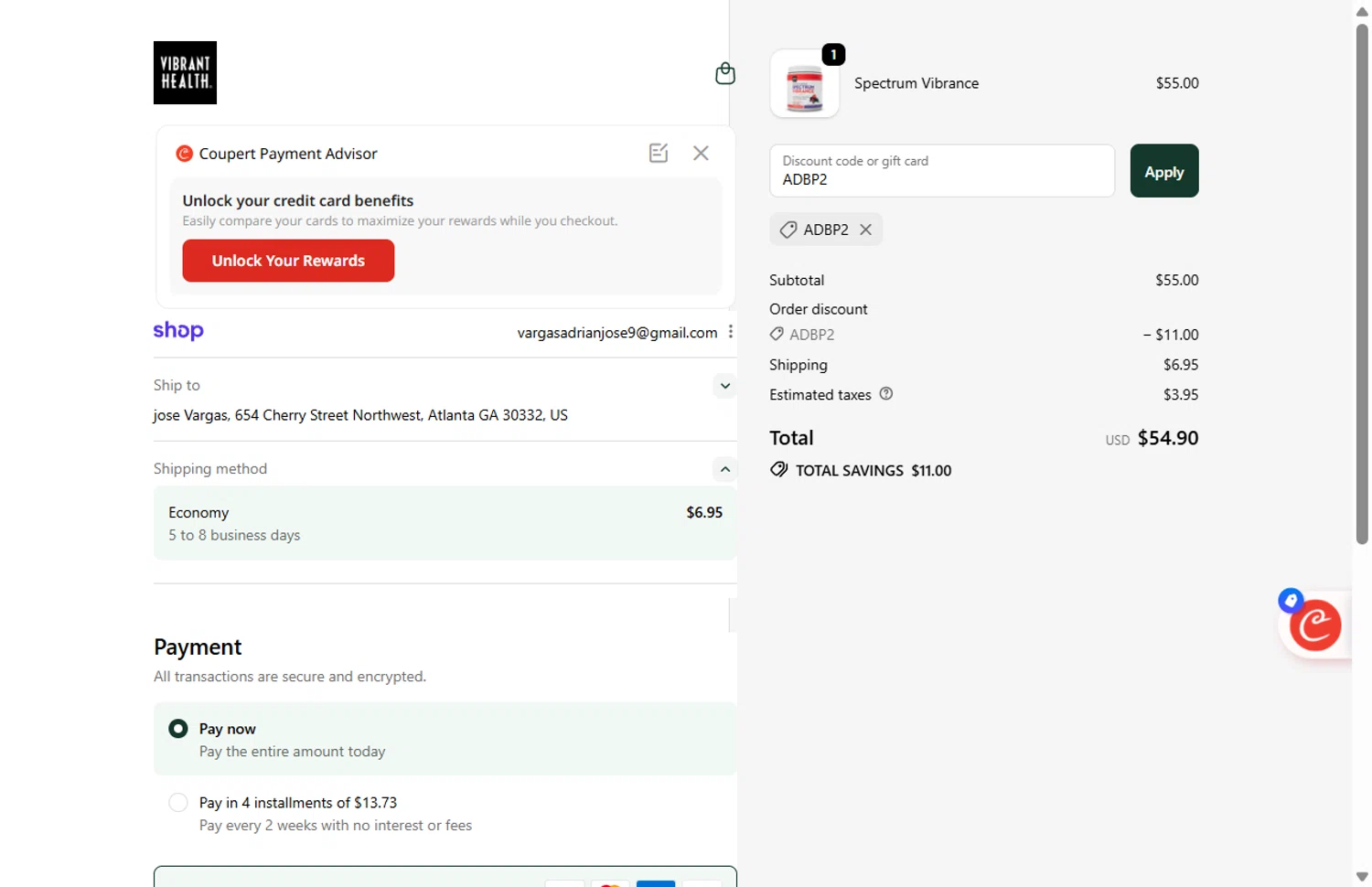Vibrant Health discount code screenshot showing code ADBP2 applied at Vibrant Health checkout page. Uploaded by SimplyCodes community member Rossimar on Nov 17, 2025