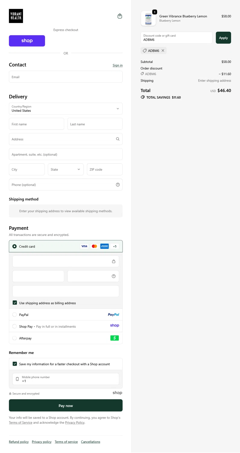 Vibrant Health discount code screenshot showing code ADBM6 applied at Vibrant Health checkout page. Uploaded by SimplyCodes community member WladimirV on Nov 4, 2025