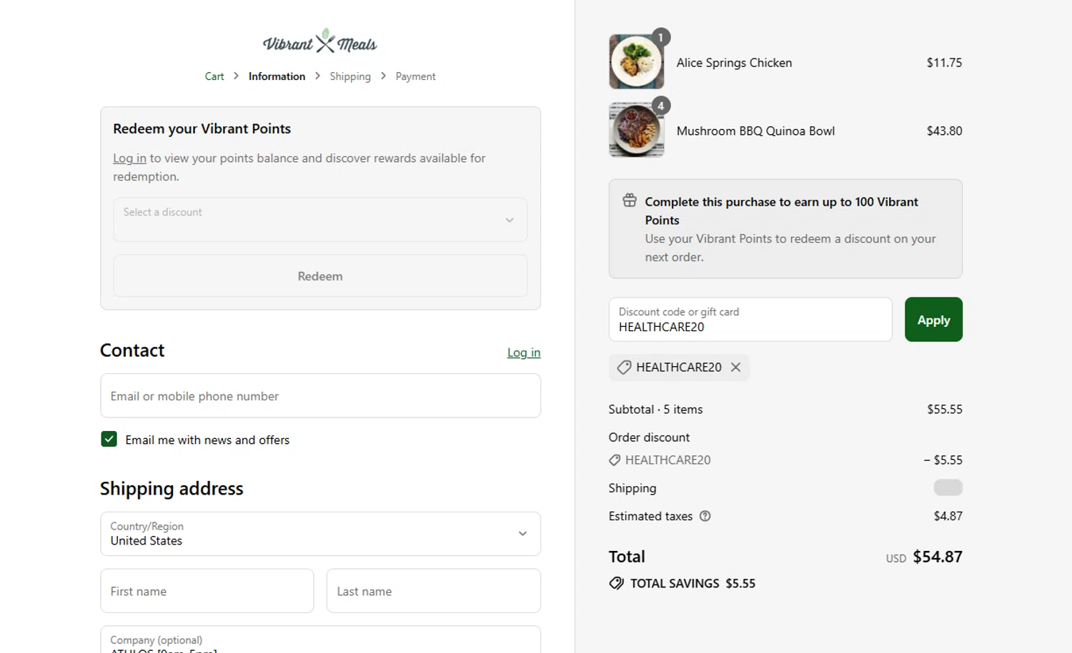 Vibrant Meals discount code screenshot showing code HEALTHCARE20 applied at Vibrant Meals checkout page. Uploaded by SimplyCodes community member VoucherVirtuoso2520 on Jul 27, 2025