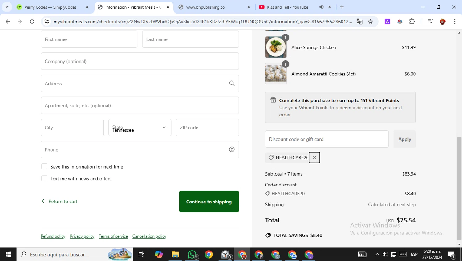 Vibrant Meals discount code screenshot showing code HEALTHCARE20 applied at Vibrant Meals checkout page. Uploaded by SimplyCodes community member BonusVoyager7570 on Dec 27, 2024