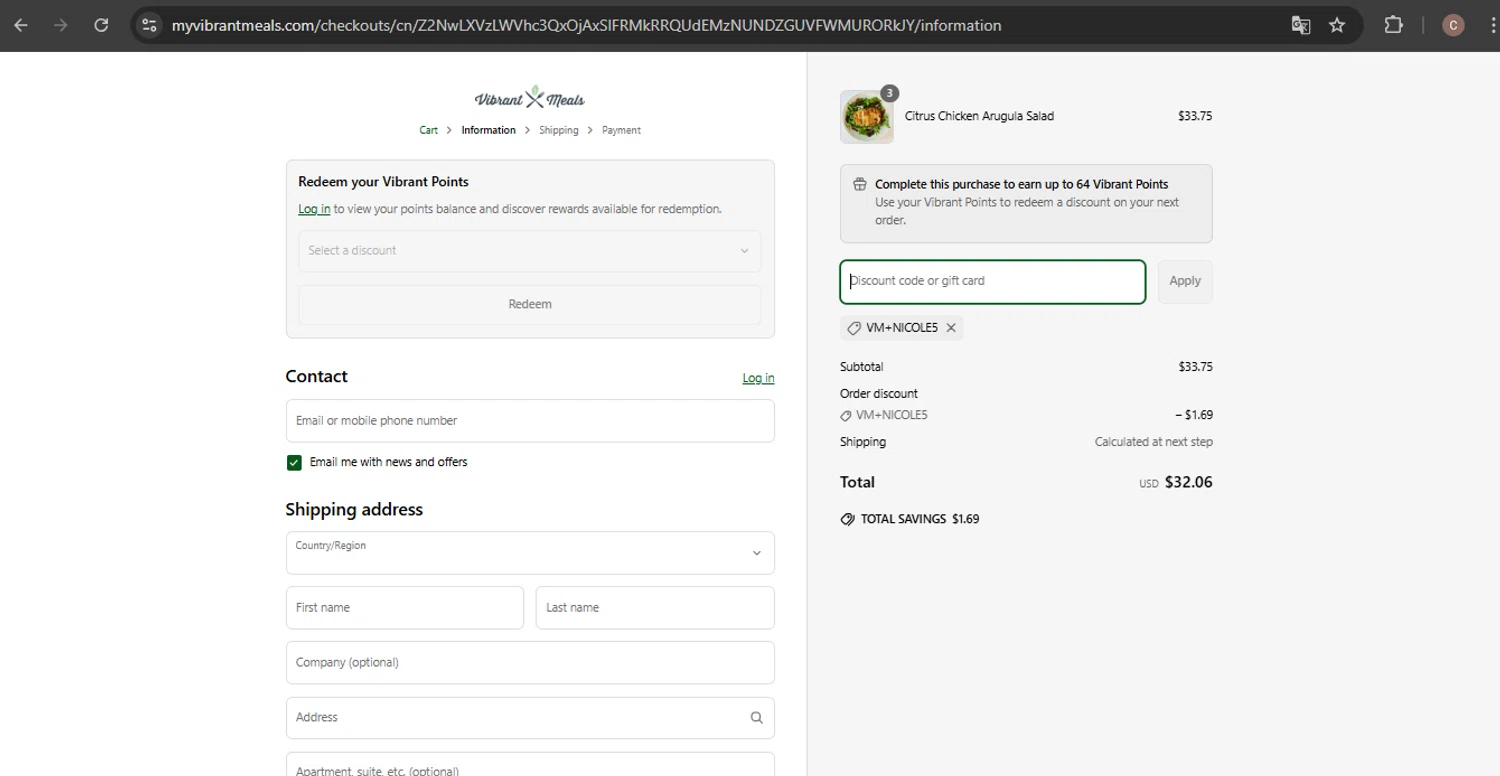 Vibrant Meals discount code screenshot showing code VM+NICOLE5 applied at Vibrant Meals checkout page. Uploaded by SimplyCodes community member SwiftCaptain4127 on Mar 31, 2025