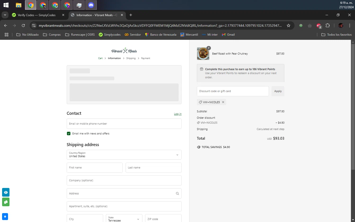 Vibrant Meals discount code screenshot showing code VM+NICOLE5 applied at Vibrant Meals checkout page. Uploaded by SimplyCodes community member DealEagle493 on Dec 27, 2024