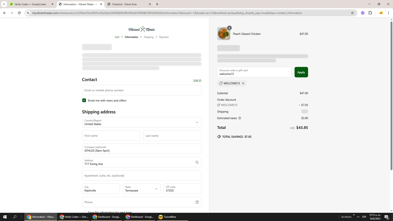 Vibrant Meals discount code screenshot showing code welcome15 applied at Vibrant Meals checkout page. Uploaded by SimplyCodes community member Richard251 on Jun 16, 2025