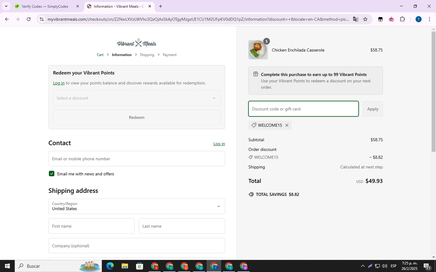 Vibrant Meals discount code screenshot showing code welcome15 applied at Vibrant Meals checkout page. Uploaded by SimplyCodes community member WonderVirtuoso7677 on Feb 26, 2025