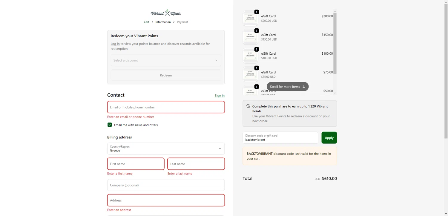 Vibrant Meals discount code screenshot showing code backtovibrant applied at Vibrant Meals checkout page. Uploaded by SimplyCodes community member BrilliantRanger9984 on Sep 29, 2025