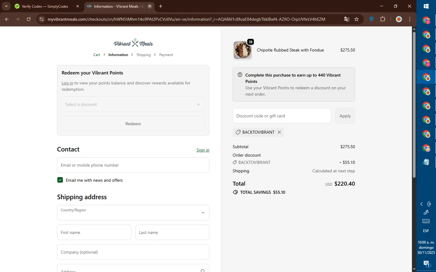 Vibrant Meals discount code screenshot showing code backtovibrant applied at Vibrant Meals checkout page. Uploaded by SimplyCodes community member DealElite4728 on Nov 30, 2025