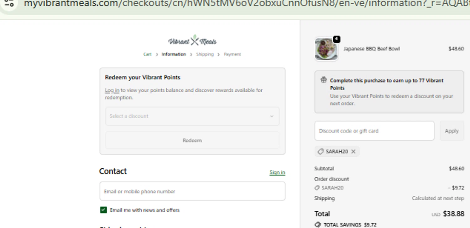 Vibrant Meals discount code screenshot showing code SARAH20 applied at Vibrant Meals checkout page. Uploaded by SimplyCodes community member CashMaestro9337 on Nov 30, 2025