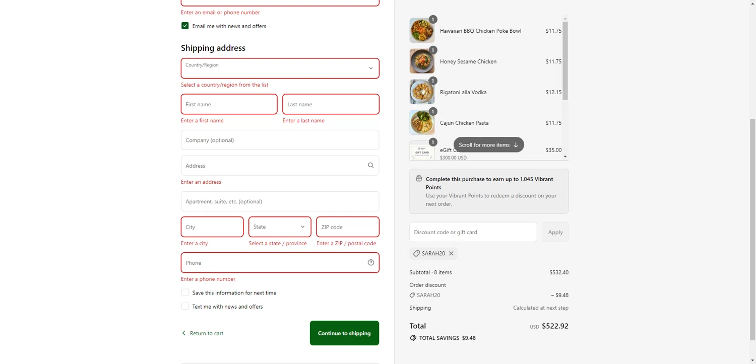 Vibrant Meals discount code screenshot showing code SARAH20 applied at Vibrant Meals checkout page. Uploaded by SimplyCodes community member CleverHawk1744 on Aug 1, 2025