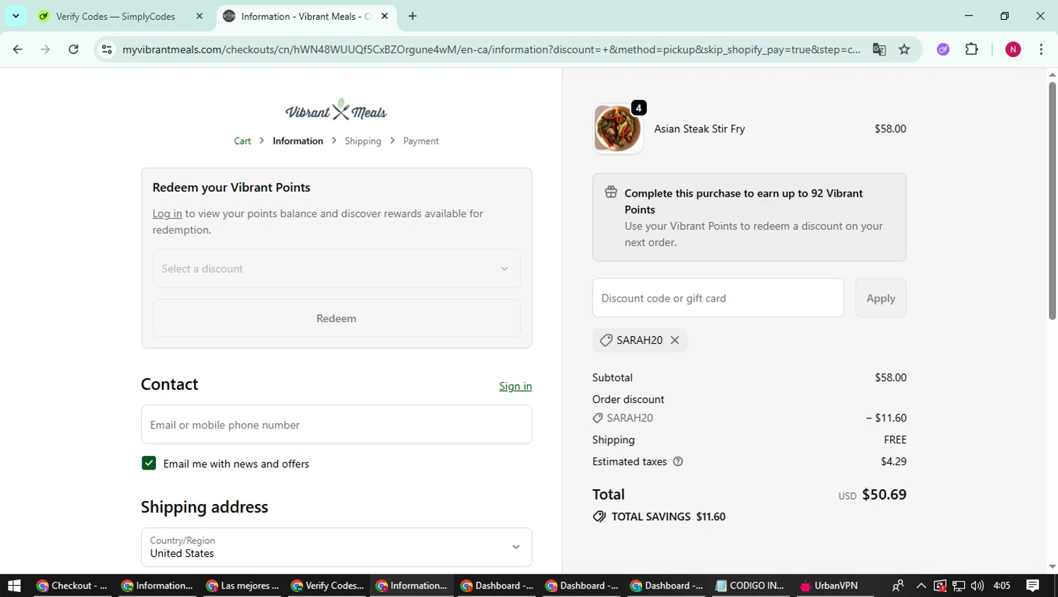 Vibrant Meals discount code screenshot showing code SARAH20 applied at Vibrant Meals checkout page. Uploaded by SimplyCodes community member CoinWizard8578 on Oct 15, 2025