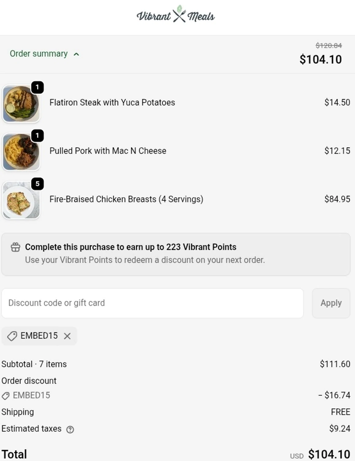 Vibrant Meals promo code screenshot showing code EMBED15 applied at Vibrant Meals checkout page. Uploaded by SimplyCodes community member ValiantCurator3344 on Jun 9, 2026