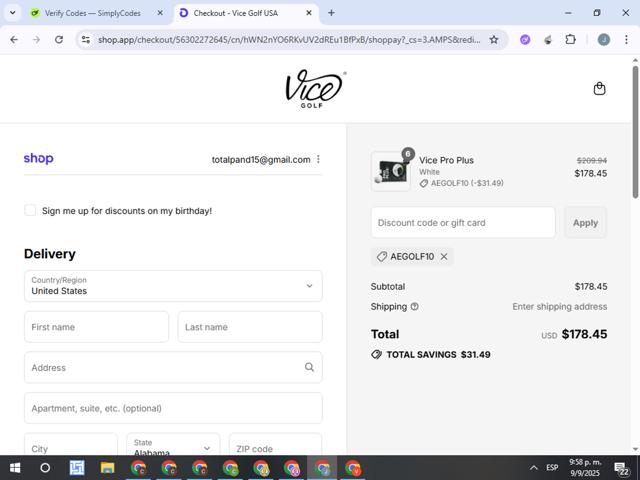 Vice Golf checkout page showing Vice Golf promo code box | Screenshot taken by SimplyCodes community member on Sep 10, 2025