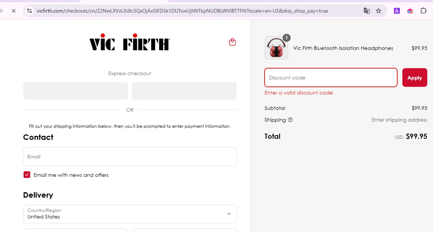Vic Firth discount code screenshot showing code VF15 applied at Vic Firth checkout page. Uploaded by SimplyCodes community member SalePro7215 on Mar 27, 2025