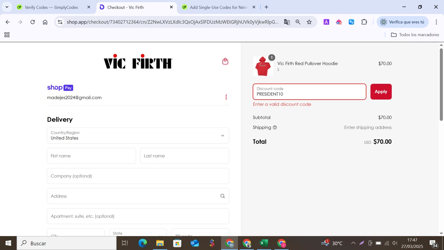 Vic Firth discount code screenshot showing code PRESIDENT10 applied at Vic Firth checkout page. Uploaded by SimplyCodes community member MANUELURBINA on Mar 27, 2025