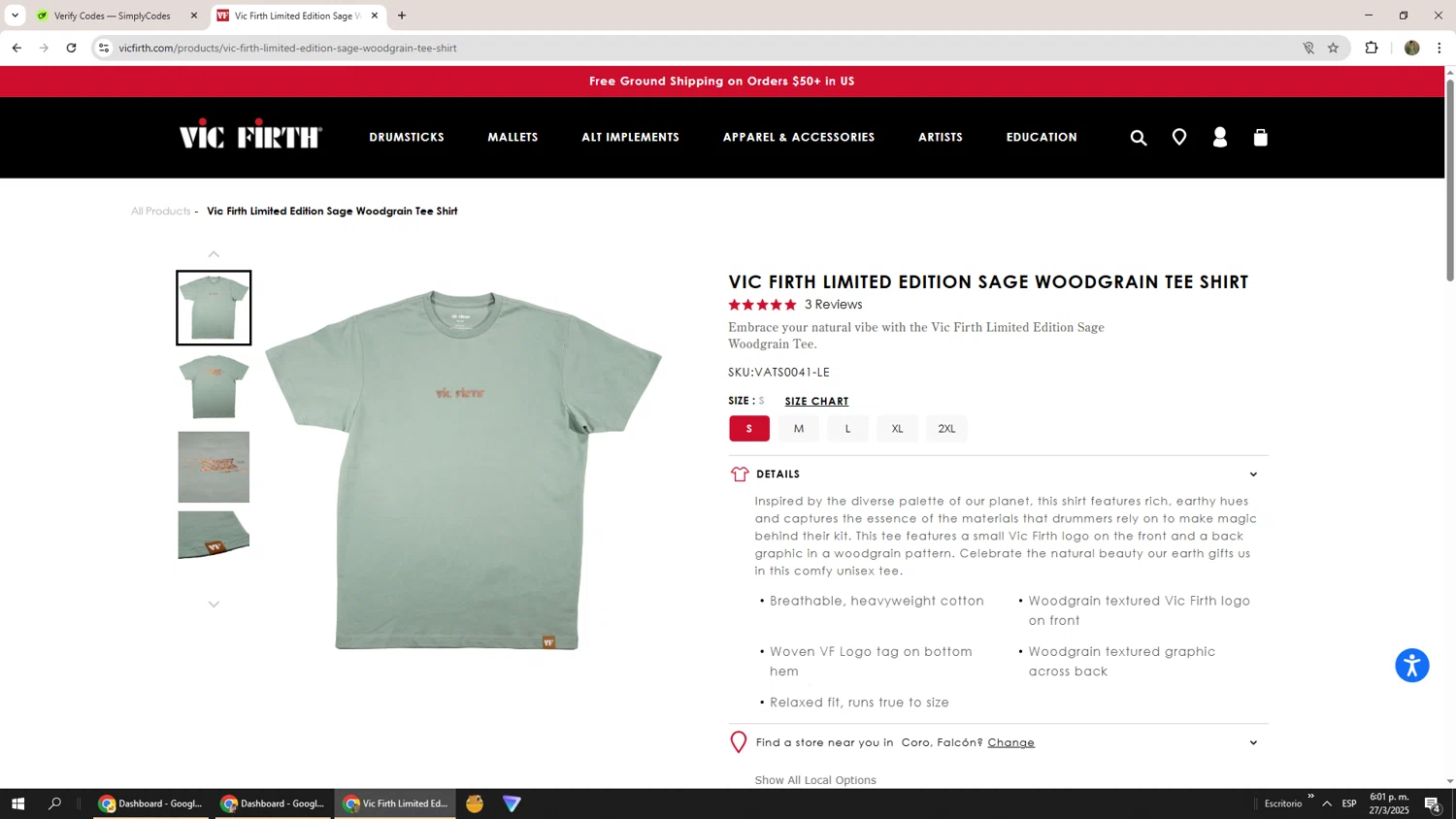 Vic Firth discount code screenshot showing code PRESIDENT10 applied at Vic Firth checkout page. Uploaded by SimplyCodes community member Phoenix585 on Mar 27, 2025